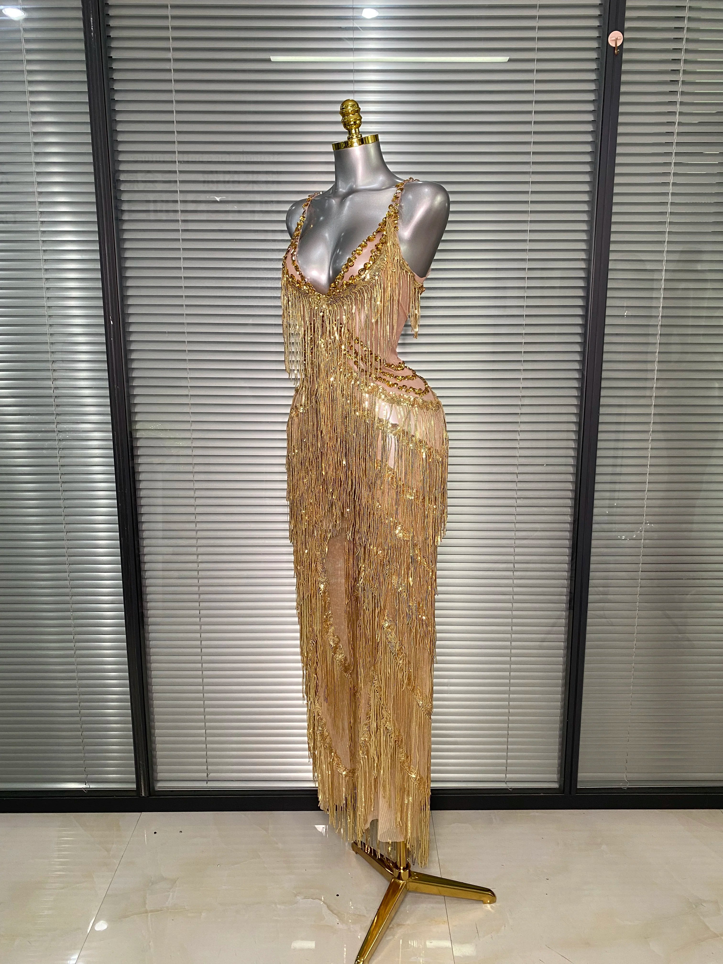 Brand New 2025 Women Sexy Gold Tassel Crystal Jumpsuit Celebrity Designer Stretchy Singer Dancer Stage Night Club Rompers