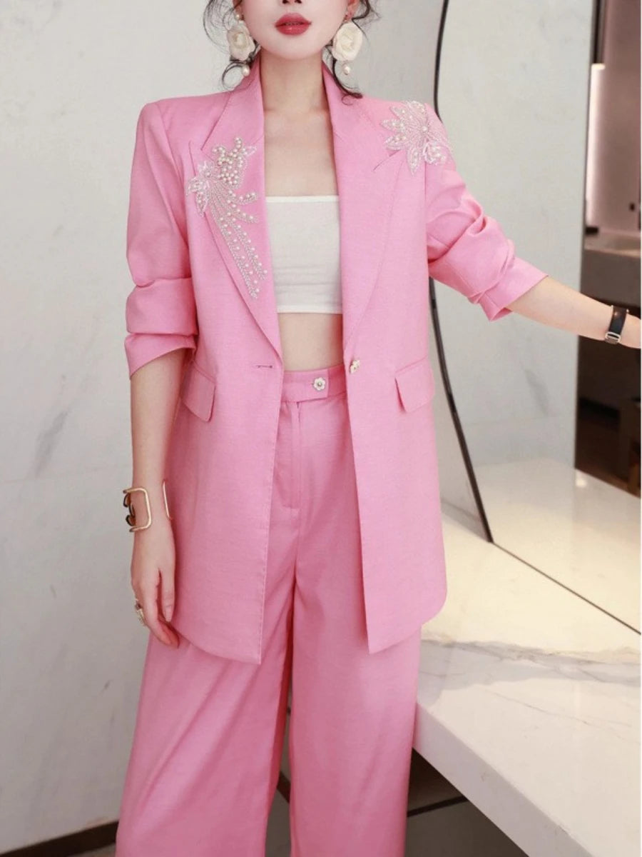 TWOTWINSTYLE Solid Spliced Appliques Two Piece Sets for Women Lapel Long Sleeves Patchwork Button Top High Waist Pant Set Female