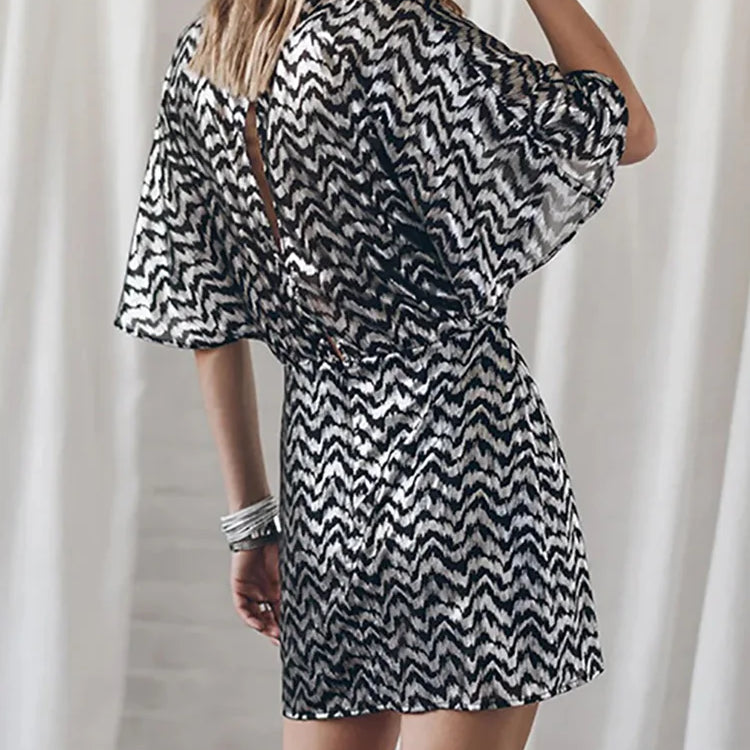 Round Neck Backless Hollow Out Women Dress Summer Casual Femme Half Sleeve Print Dress Streetwear Loose Mini Black Dress Vestido