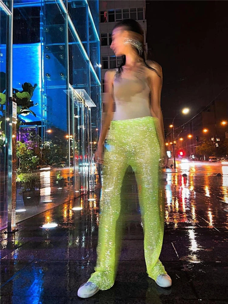 Fashion Sexy Glitter Crystal Diamonds Fishnet Women Pant See Through High Waist Pant Female Loose Hot Girl Party Clubwear