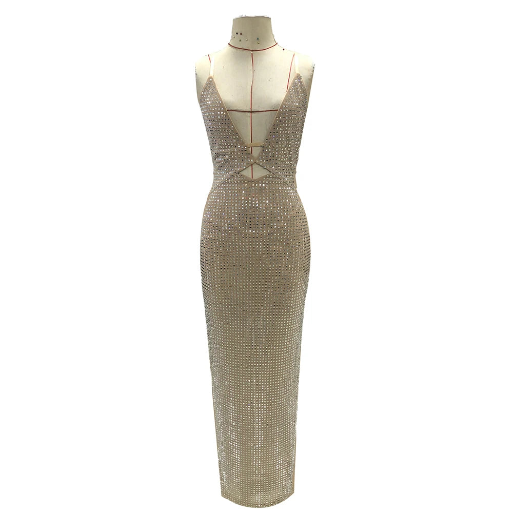 VC Luxury Sparkle Crystal Straps V-Neck Hollow Out Bodycon Rhinestone Party Dresses Birthday Evening Prom Maxi Dress