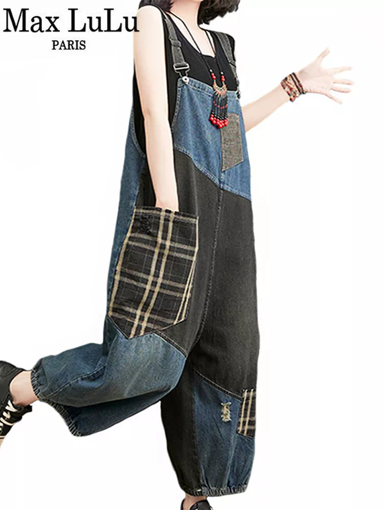 Korean Fall Jeans Women Plaid Ripped Denim Overalls Ladies Vintage Punk Loose Pants Luxury Classic Casual Trousers