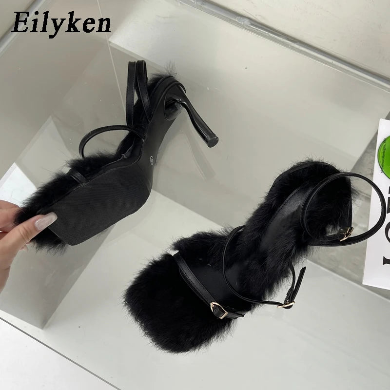 Eilyken 2025 Brand Plush Fur Fuzzy Sandals Women Thin Heels Fashion Square Toe Ankle Lace Up Buckle Strap Slides Shoes