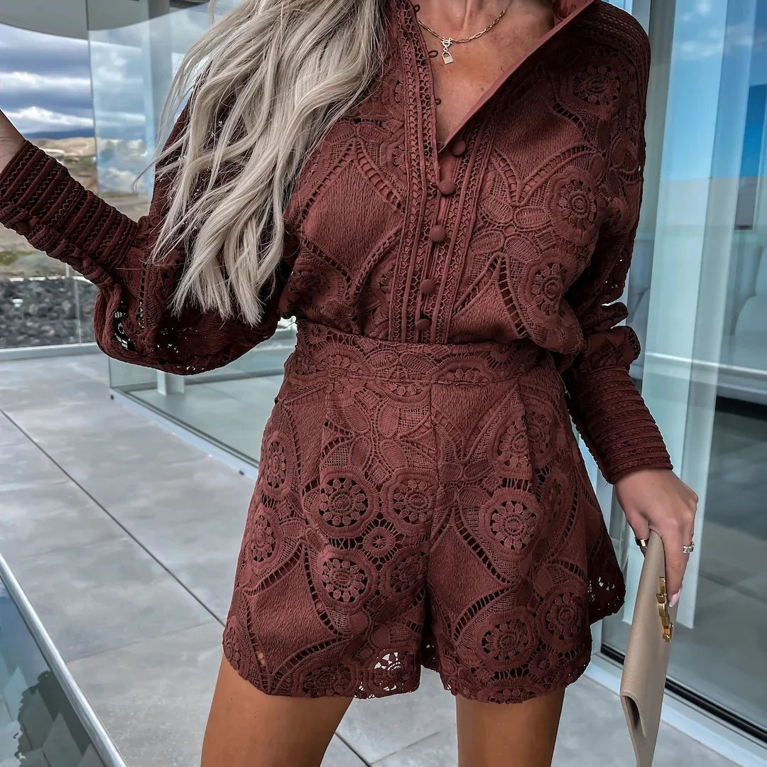 Foridol Vintage Single Breasted White Lace Women Shorts Sets Spring Long Sleeve Casual Party 2 Pcs Outfits Femme Suit Summer Coffee