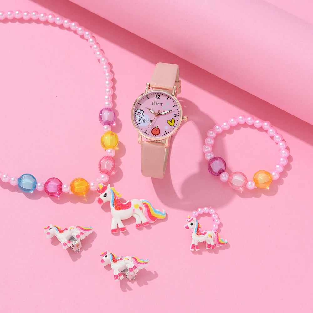 Watch Set Primary School Student Fashion Girl Watch Cute Little Girl Watch Kids Cartoon Children Quartz Lady Watch Girl Watch Pink a