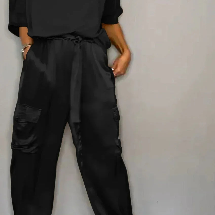 Summer Fashion Solid Satin Two Piece Set Women Round Neck Long Sleeved Top Long Pants Casual Loose Two Piece Set Women black