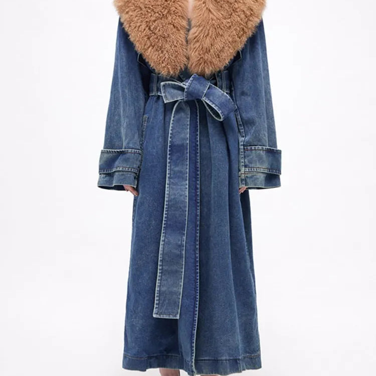 TWOTWINSTYLE Colorblock Patchwork Lace Up Denim Coat For Women Fur Collar Long Sleeve Loose Casual Trench Female Fashion Style