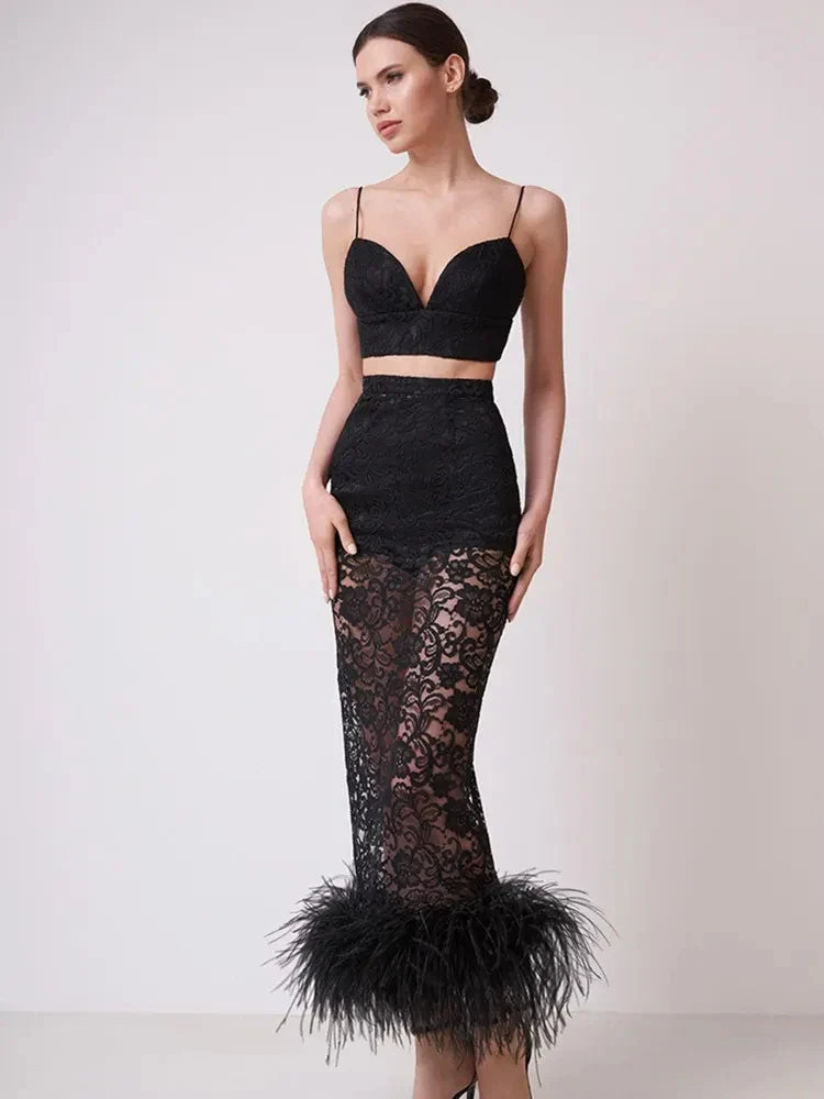 New Women Sexy V Neck Lace Feather Midi Skirt Bandage Set Celebrity Elegant Evening Club Cocktail Party Outfits