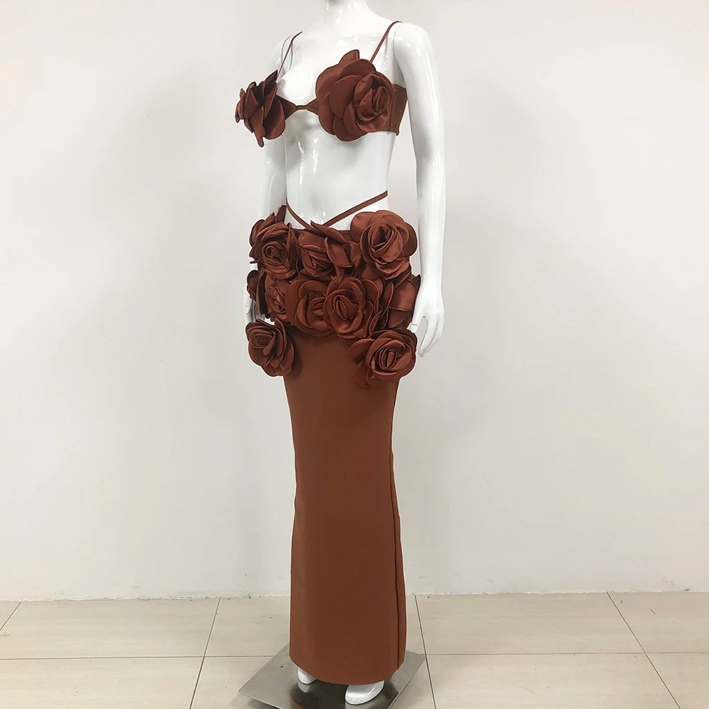 Cor marrom feminina sexy alça floral bandagem tops 2 peças bodycon vestido longo boate festa celebrar sessão de fotos usar