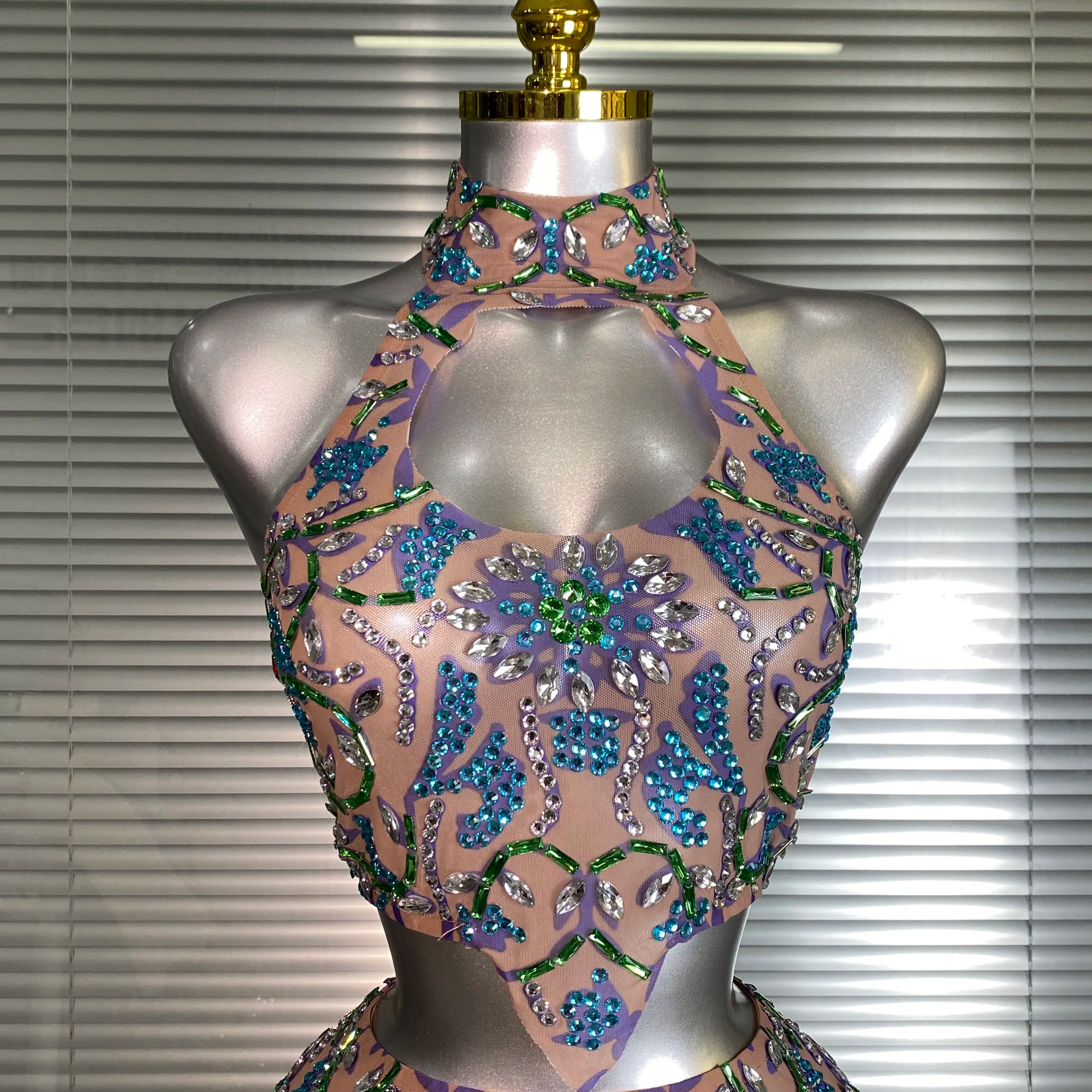 New Women Sexy Two Pieces Set Crystal Diamond Halter Skirt Suits Singer Dancer See Through Stage Performance Costume