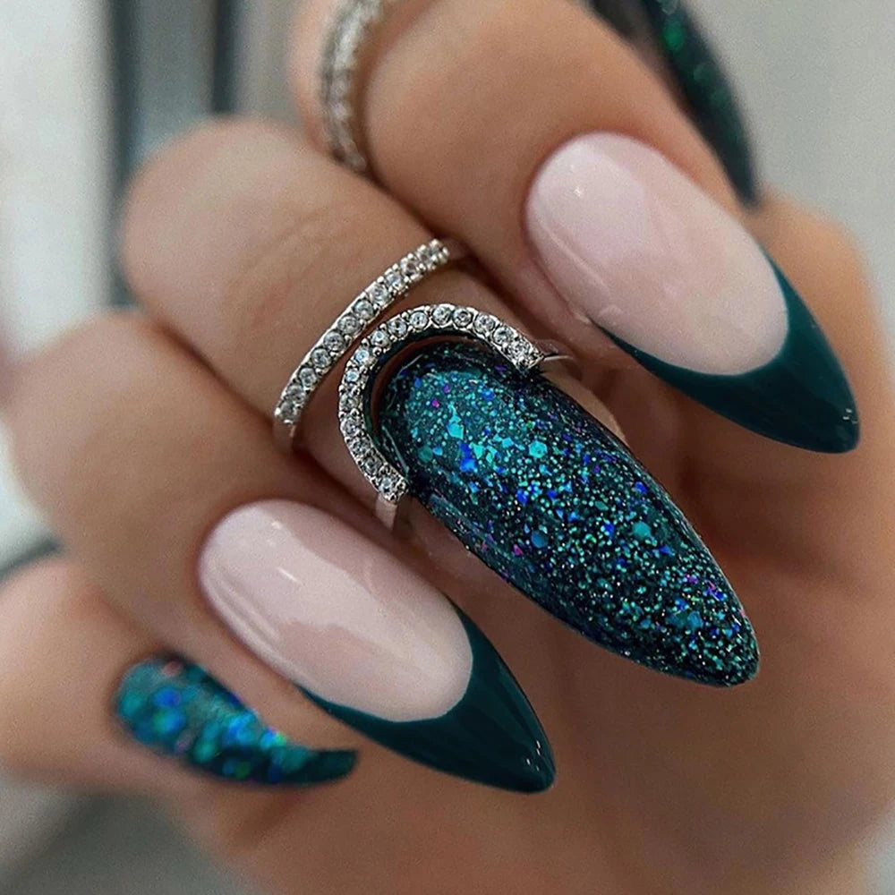 24pcs/set Glitter fake nails for women girls super flash sparkling gradient pink black tips faux ongles press on false nail art