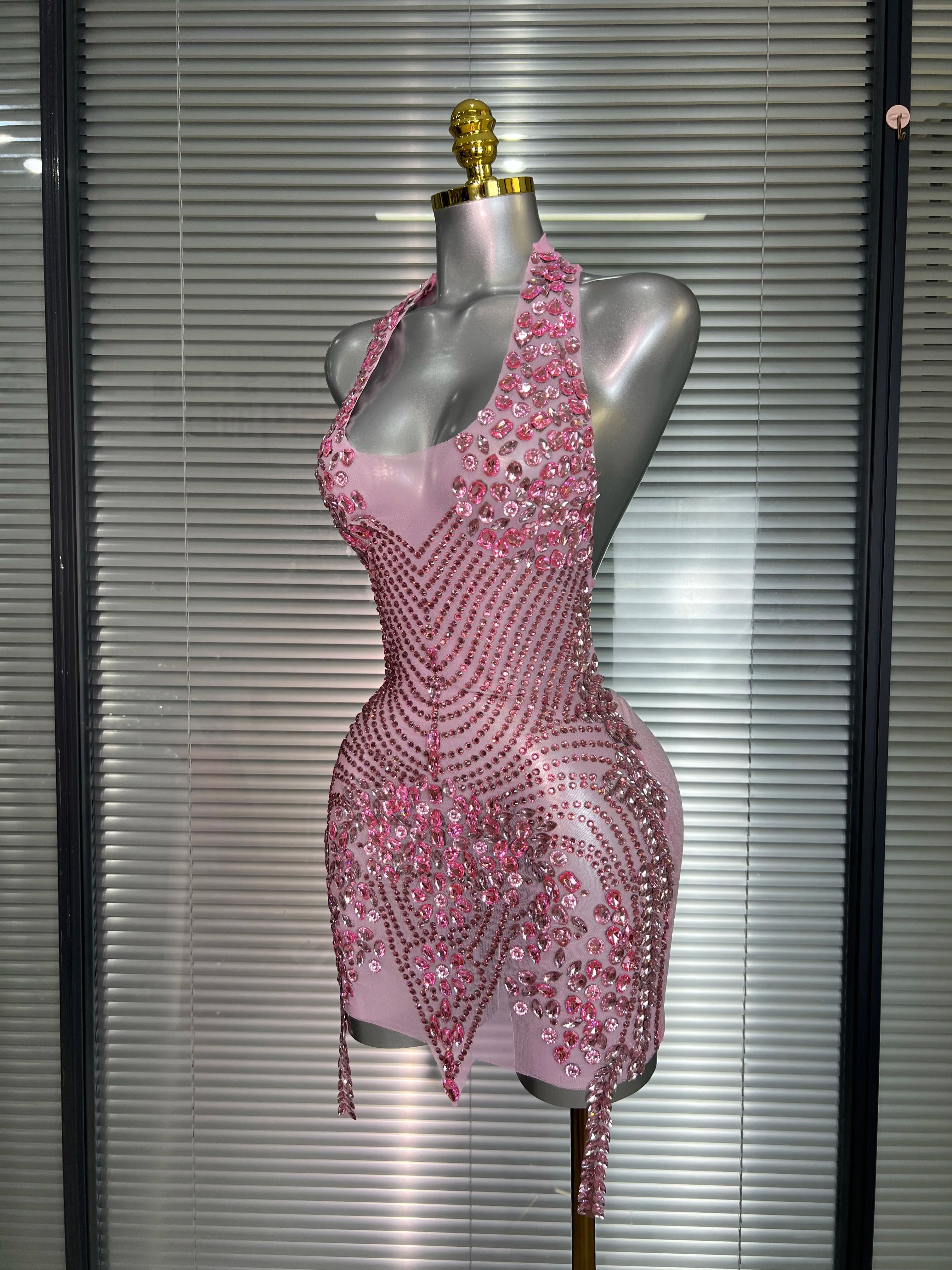 Celebrity New Women Sexy Pink Mesh Halter Stage Performance Costume Dancer Singer Night Club Mini Party Dress