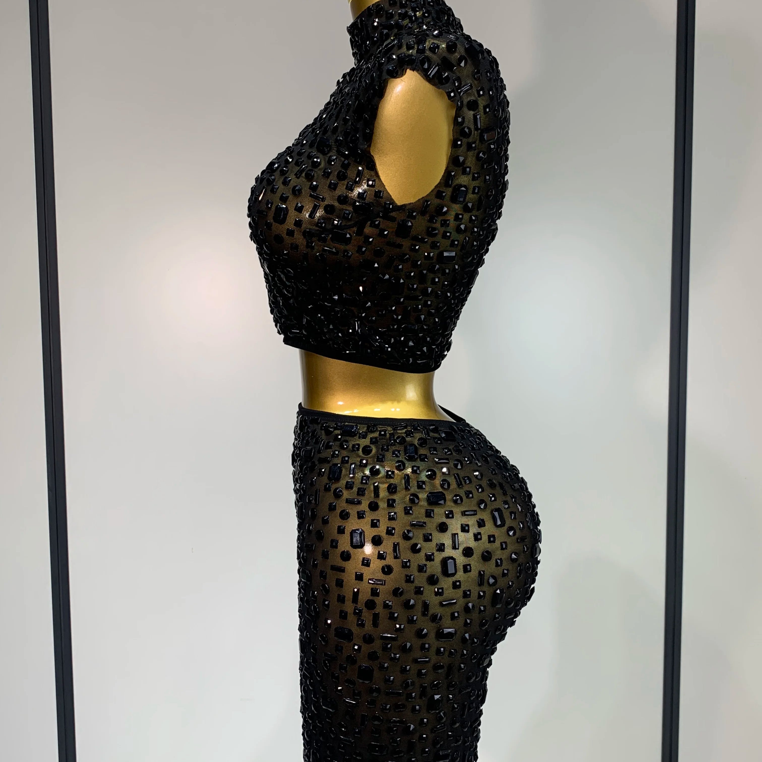 Luxury Rhinestone Mesh See Through Celebrate Birthday Dress Sparkly Top Short Skirt Two Pieces Sets Performance Stage Costume