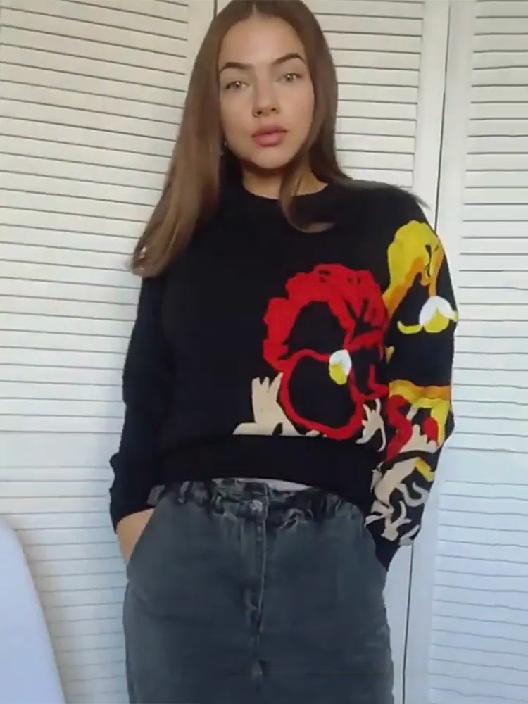 Black Floral Embroidery Pullover Women Boho Long Sleeve O Neck Autumn Winter Jumper Top Loose Knitted Sweaters