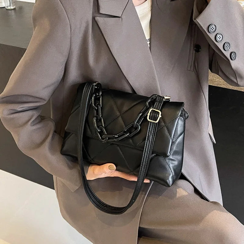 Soft PU Leather Crossbody Bags for Women Embroidery Thread Flap Bag Luxury Brand Trending Chain Shoulder Handbags Purse