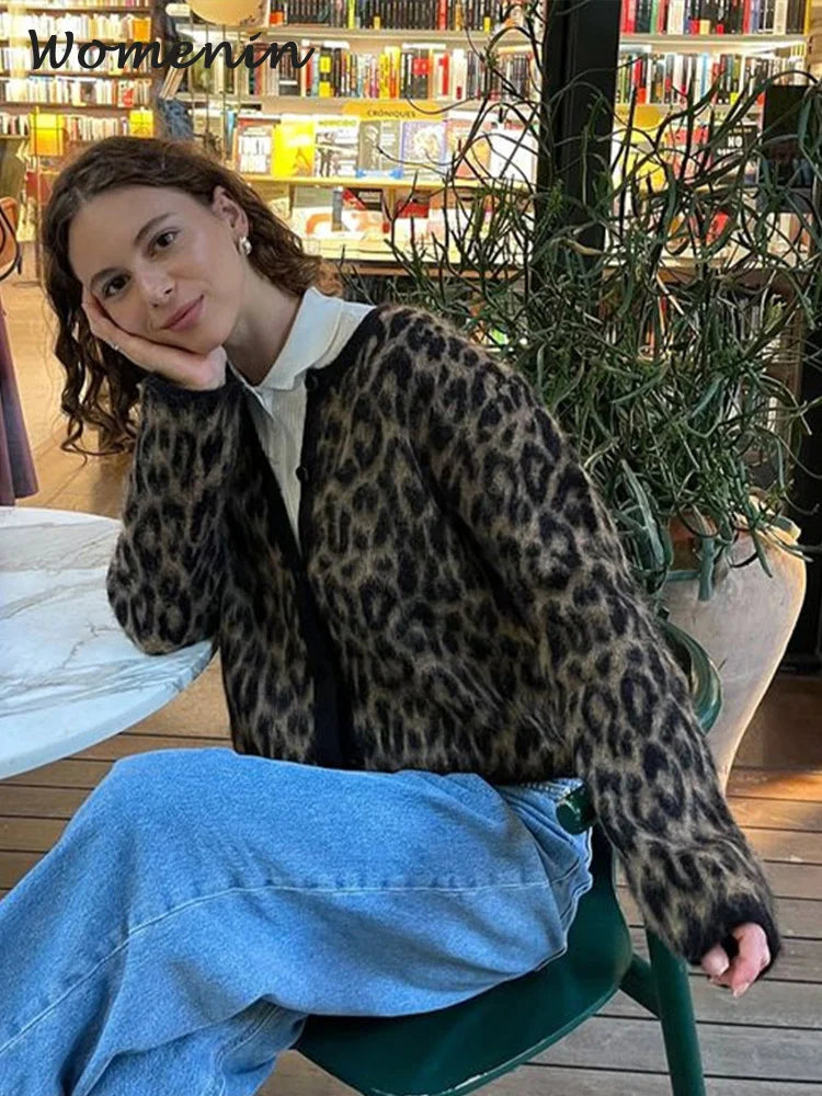 Vintage Leopard Print Mohair Women Cardigans Knitted O-neck Single Breasted Short Sweater Autumn Lady Casual Streetwear New