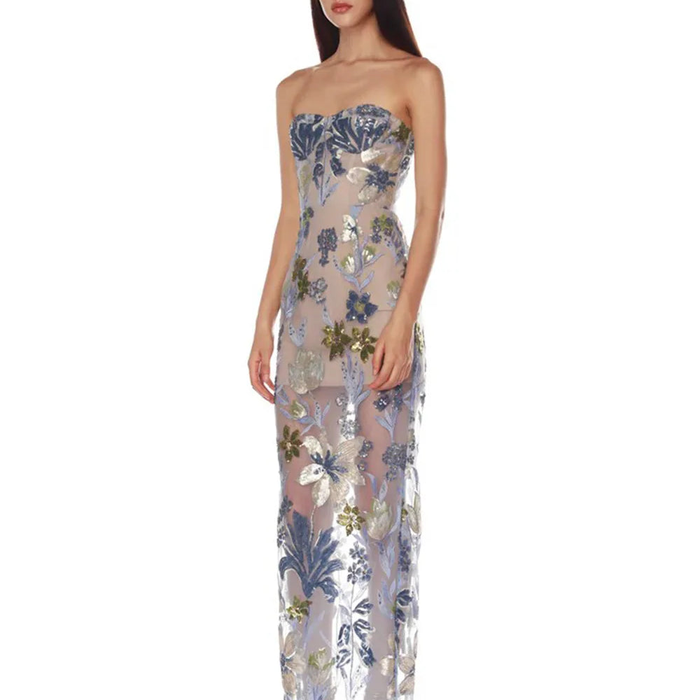 Vestido longo bordado sem alças sensual 2025, moda feminina, festa noturna, aniversário, roupa