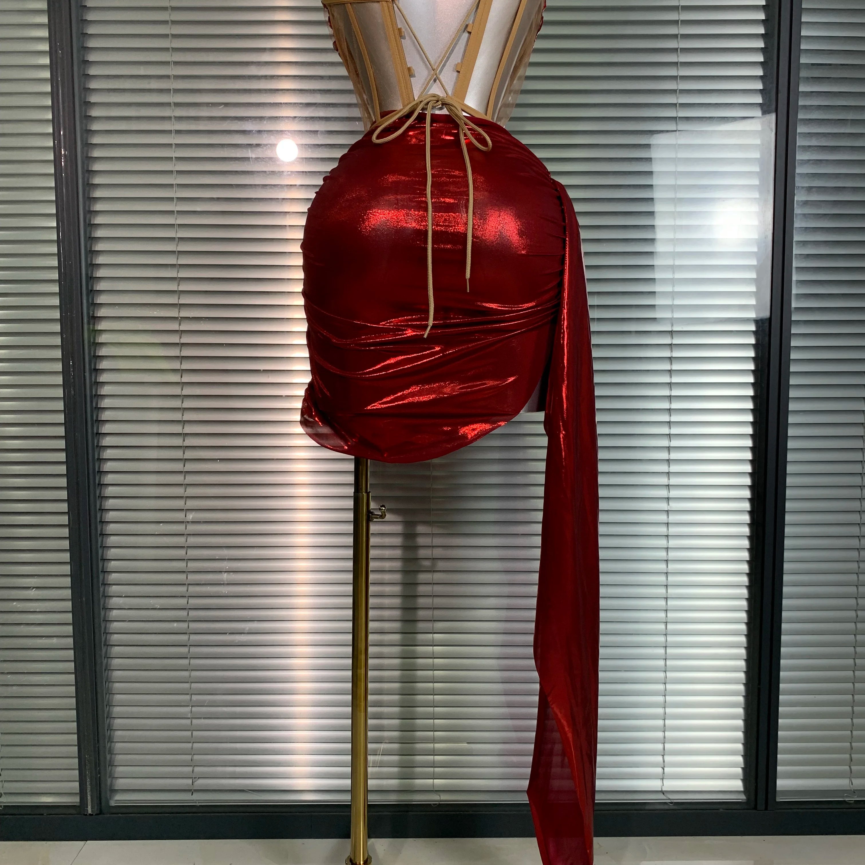 New Women Sexy Two Pieces Set Red Crystal Diamonds Night Club Skirt Suits Laced Singer Dancer Stage Performance Costume