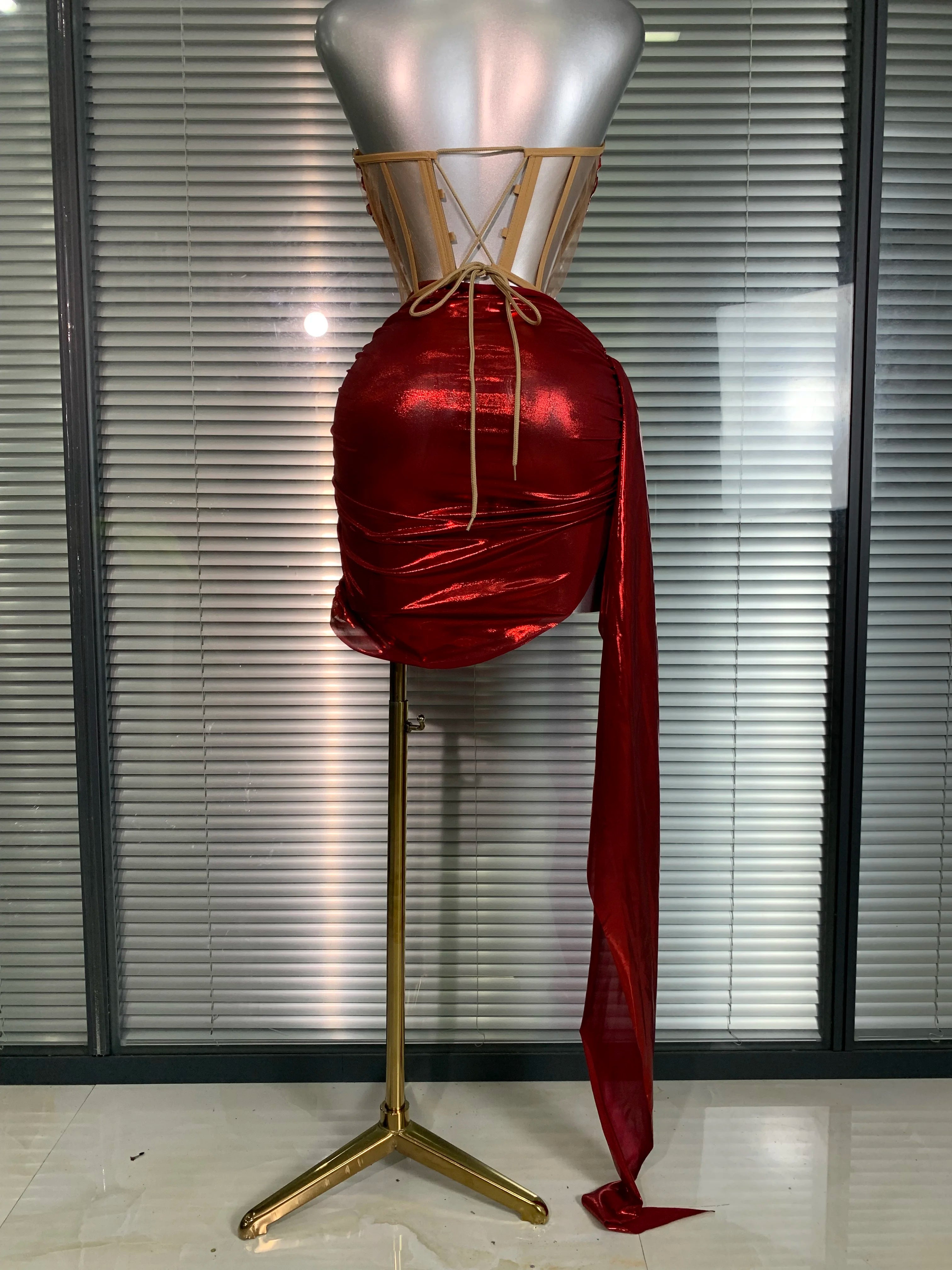 New Women Sexy Two Pieces Set Red Crystal Diamonds Night Club Skirt Suits Laced Singer Dancer Stage Performance Costume