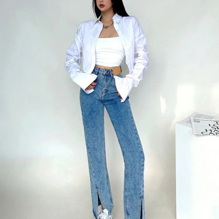 Spring Korean Style Long Sleeve White Shirt Women Sexy Button Ladies Crop Tops Blouse Street New In Female Clothing