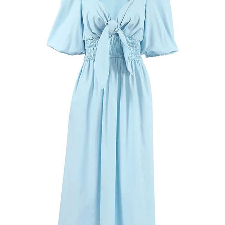 OOTN Sexy High Waist A Line Dresses Spring Elegant Blue Pleated Short Sleeve Dress Women Vintage Cotton Linen Summer Dress 2024