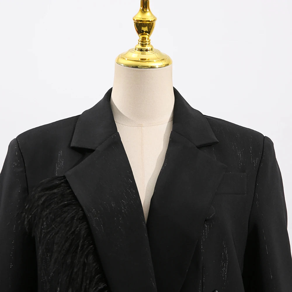 TWOTWINSTYLE Solid Spliced Bead Luxurious Jackets for Women Lapel Long Sleeves Patchwork Single Breasted Jacket Female Clothing