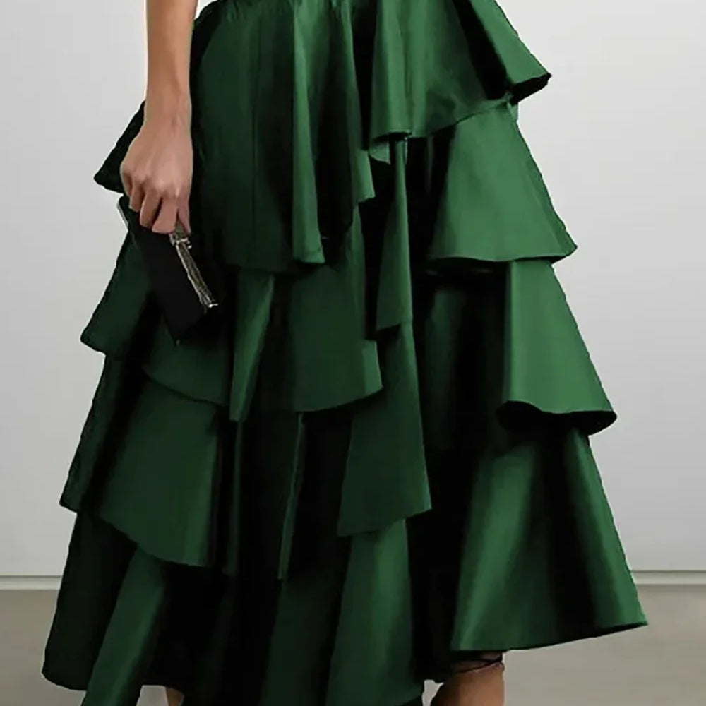 Women's High Waist Layered Ruffle Maxi Cake Skirt Elegant Party Wedding Guest Y2K Solid Vintage Black Solid A Line Skirts Green