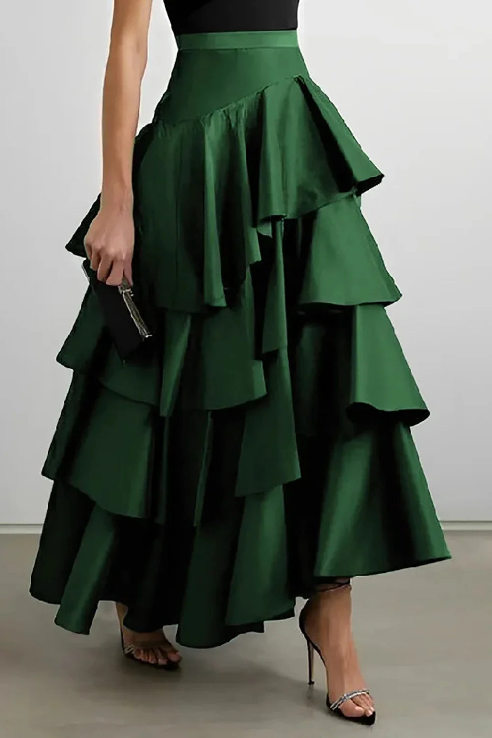 Women's High Waist Layered Ruffle Maxi Cake Skirt Elegant Party Wedding Guest Y2K Solid Vintage Black Solid A Line Skirts Green