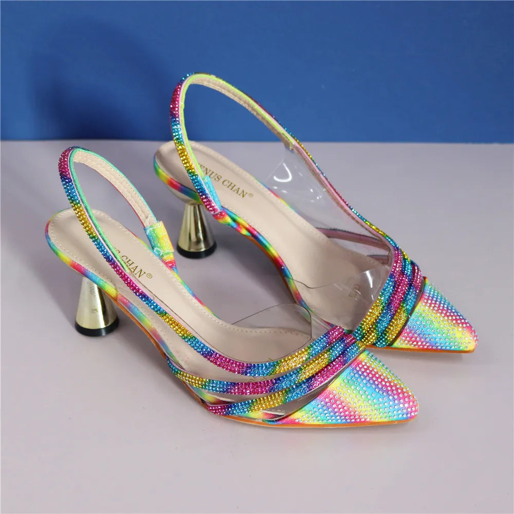 Italian Shoes Women Luxury Rhinestone Crystal Pumps Fashion Slippers Sandals Party High Heels Wedding Shoes Bride Rainbow