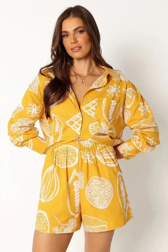 Foridol Fruit Printed Pockets Casual Shirt+shorts Set Outfits Matching Set Summer Women Spring Beach Oversize White Set Yellow