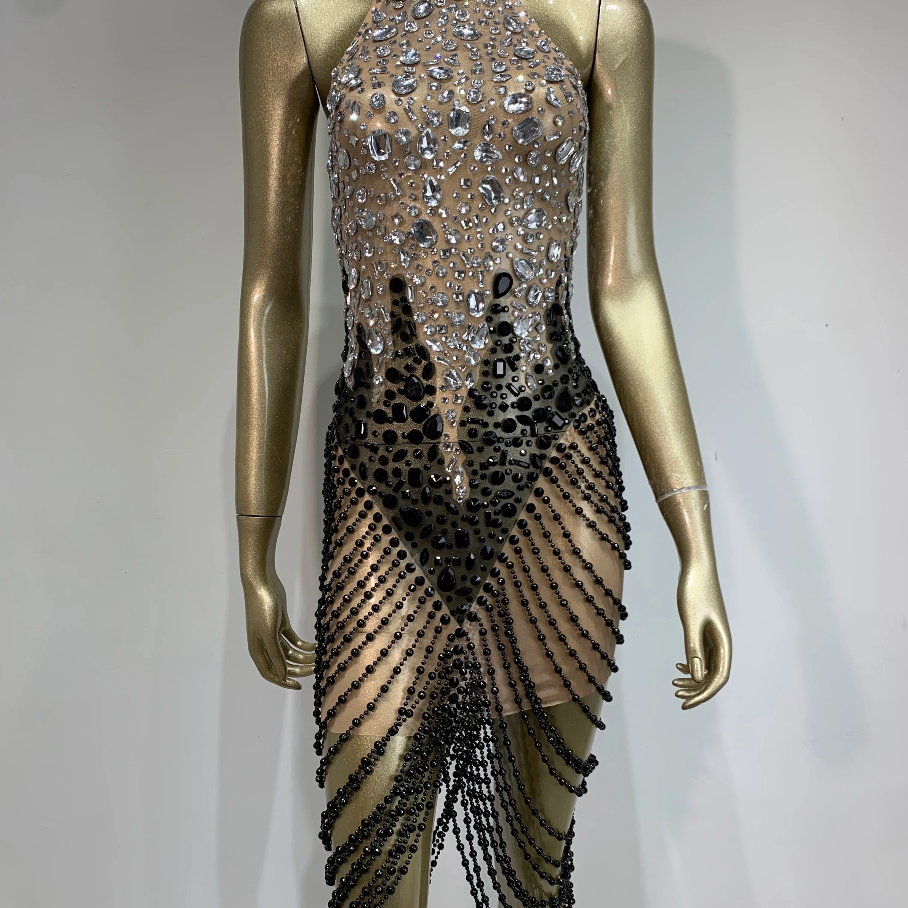 Women Sexy Backless Halter Crystal Diamonds Patchwork Mini Dress Birthday Party Costume Bar Nightclub Stage Performance Dress