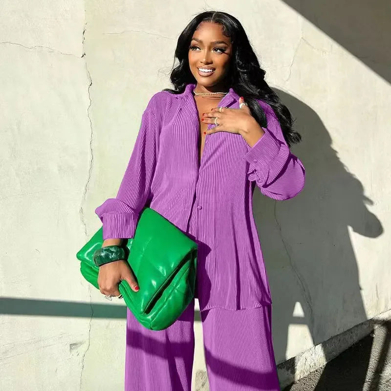 CM.YAYA Pleated Solid Women Set Long Sleeve Shirts and Straight Wide Leg Pants Suits Tracksuit Two Piece Set Fitness Outfits