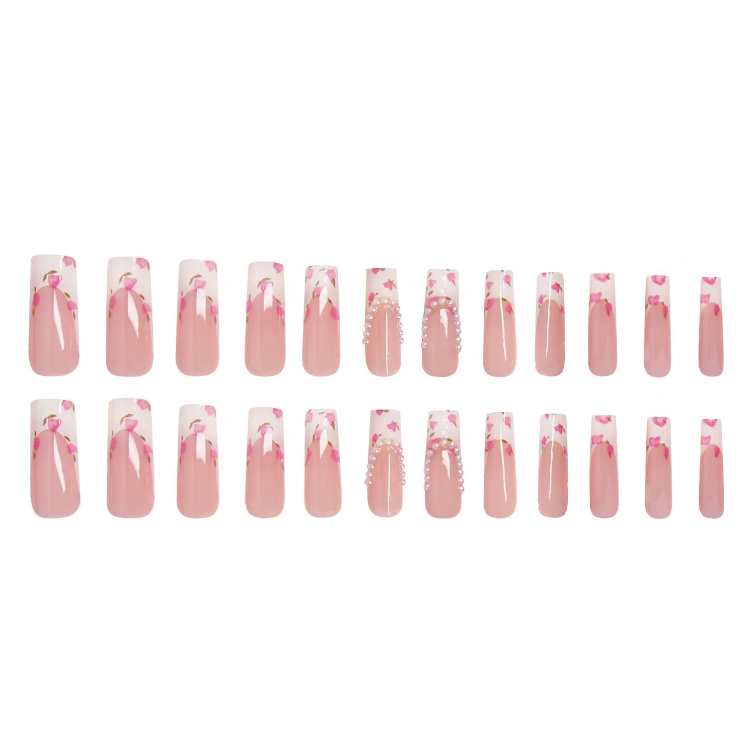 24Pcs Elegant Ballet Press-On Square Nails Pink French Tips with Delicate Floral &Pearl Accents Perfect for Spring Occasions