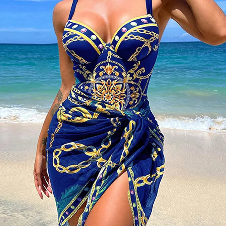 VigoBeviya Sexy Print Strapped 2 Piece Swimwear Women Strapped Push UP One Piece Swimsuit Monokini Backless Bathing Suit