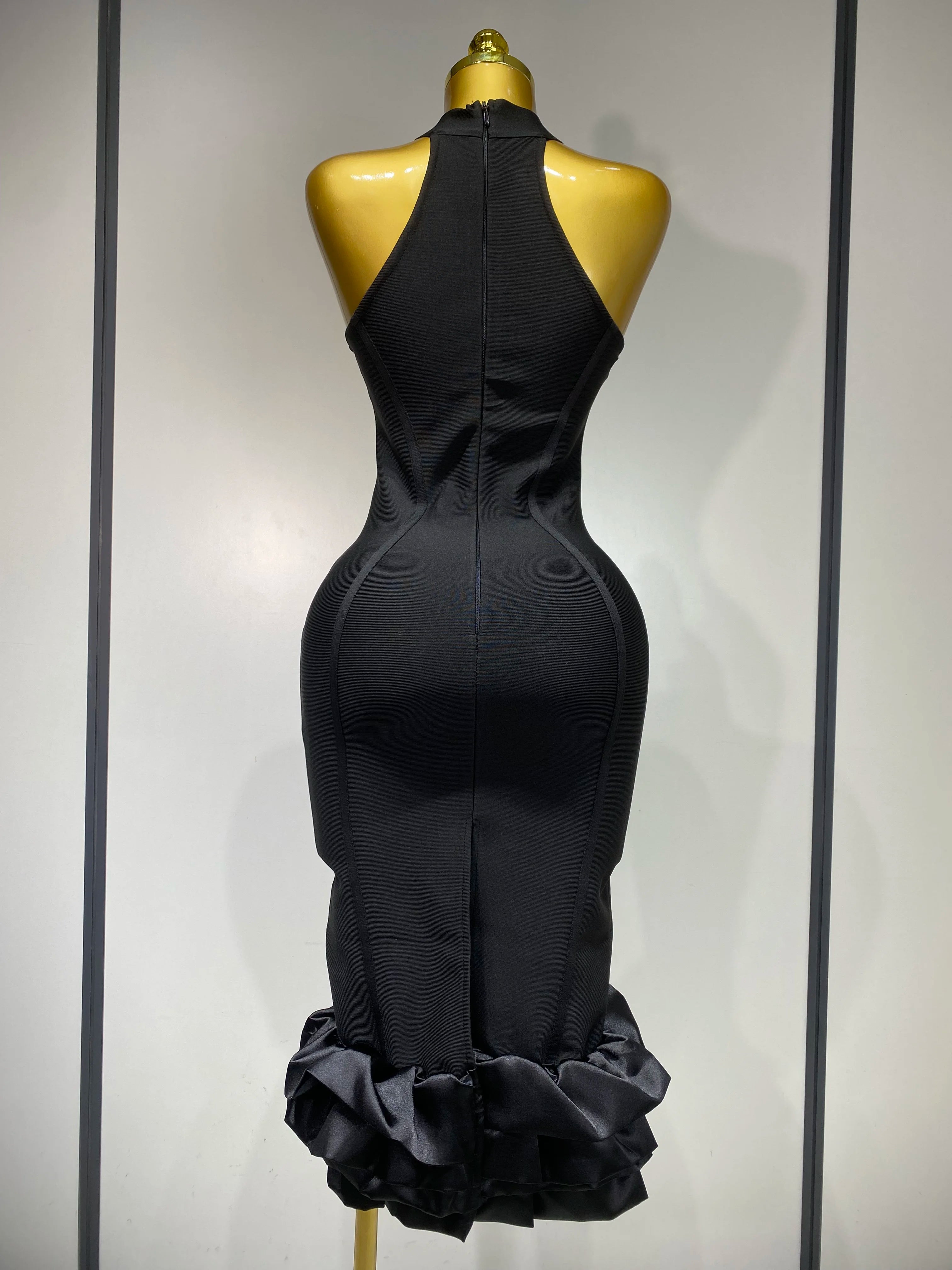 Women Sexy High Collar Ruffle Black Bandage Dress Sheath Sleeveless Party Prom Gown Elegant Formal Luxury Birthday Club Dresses