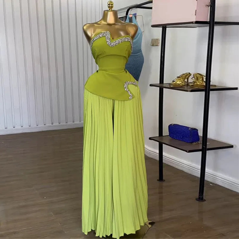 CM.YAYA Women's Set Diamonds Hot Rhinestones Crop Top and Pleated Wide Leg Pants Suit 2025 Two 2 Piece Sets Outfits Tracksuit Green