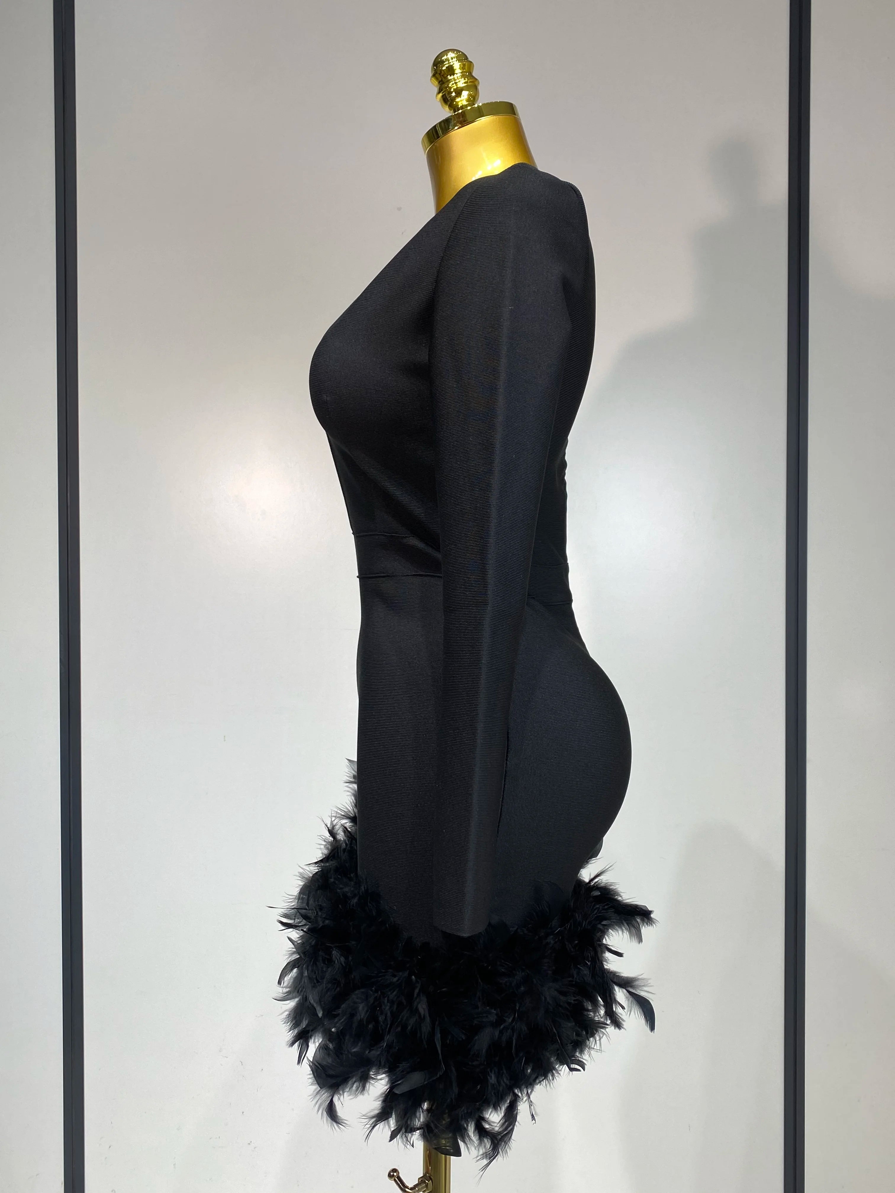 Women Fashion Sexy V Neck Long Sleeve Black Feather Mini Bodycon Bandage Dress Elegant Evening Club Birthday Party Dress