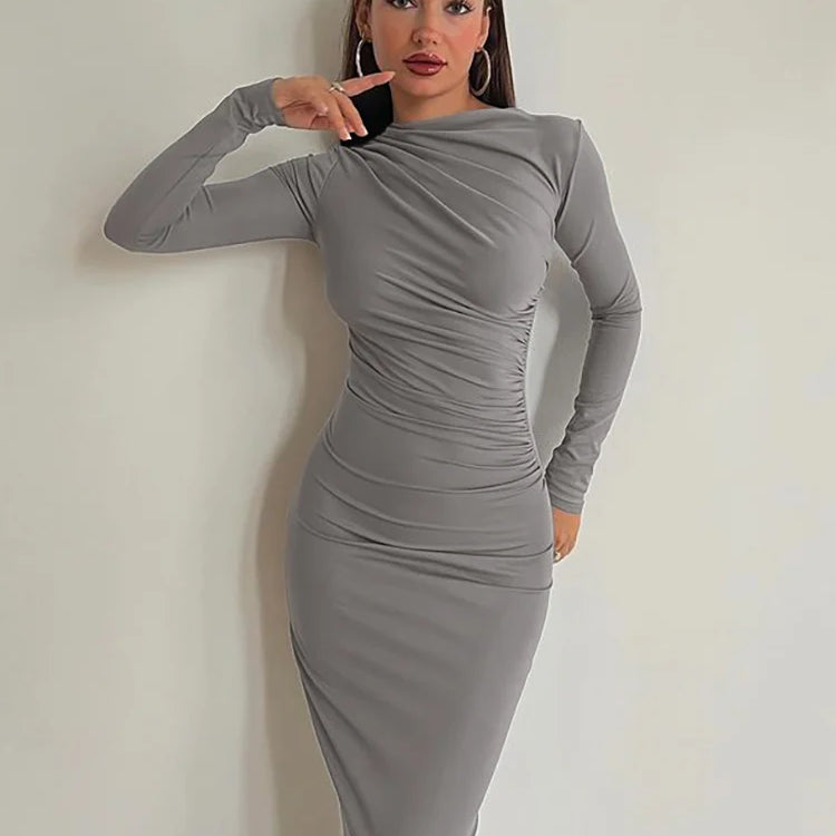 Weird Puss Elegant Temperament Women Maxi Dress Full Sleeve O Neck Zipper Solid Autumn Fashion Bodycon Evening Party Vestidos GRAY