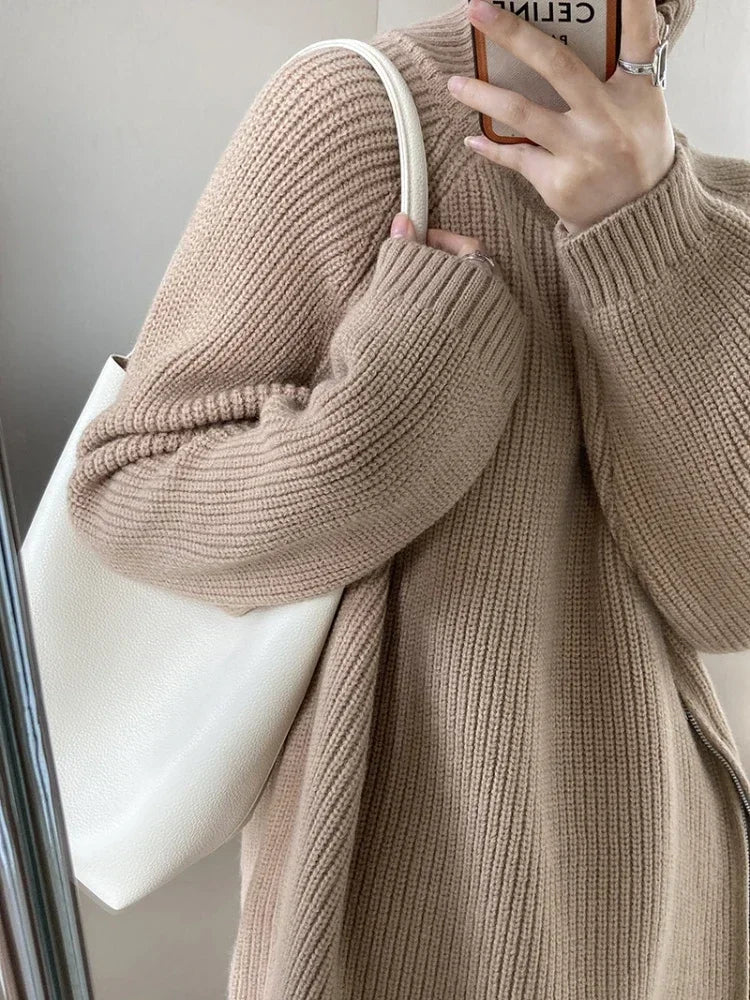 Women's Turtleneck Zipper Oversize Fashion Women Sweaters Autumn Knitwears Loose Thick Warm High Neck Solid Pullovers Women Khaki