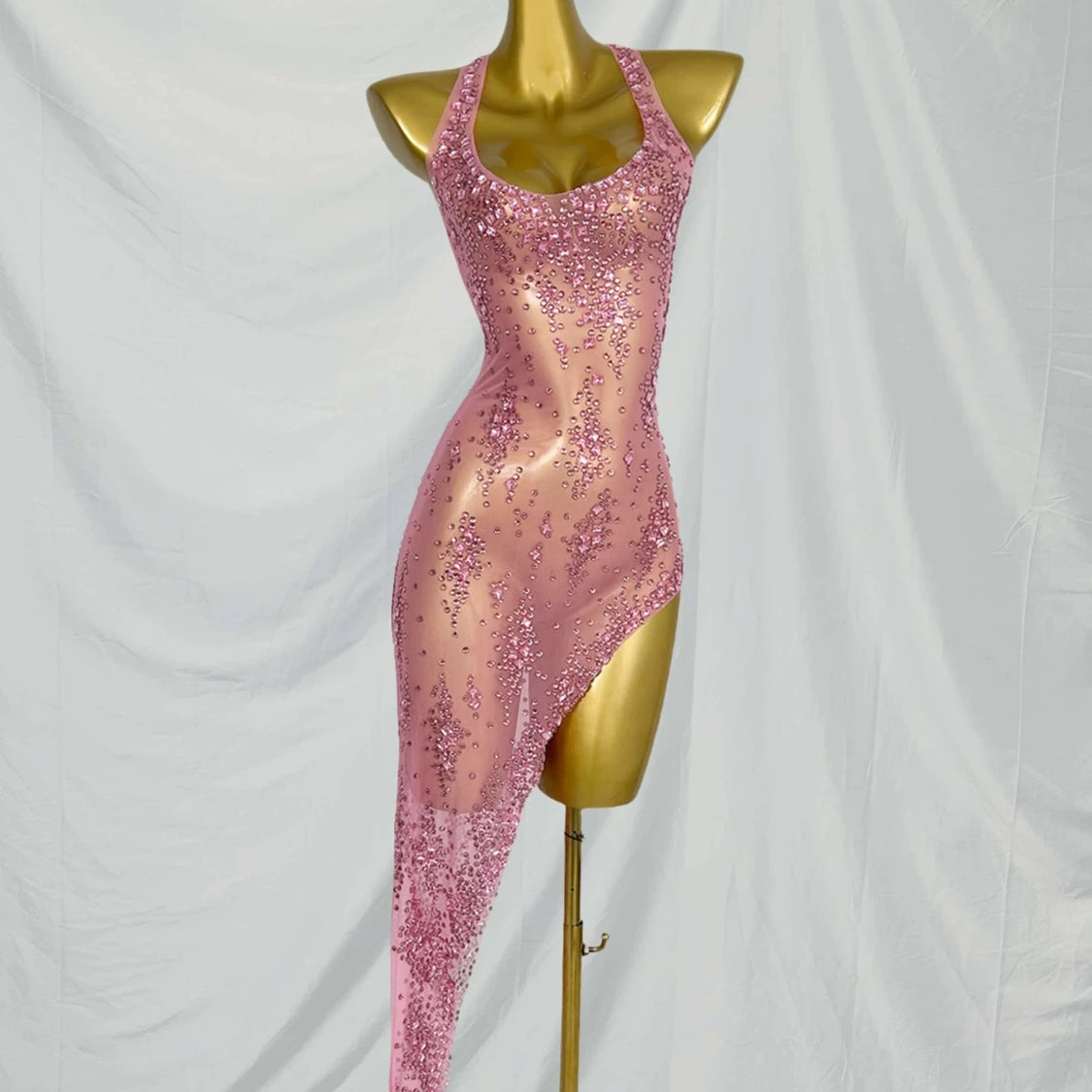 Nightclub Mini Dress Singer Stage Performance Wear Bar Party Asymmetrical Dress Sparkly Rhinestones Sleeveless Mesh Dress Xinghe