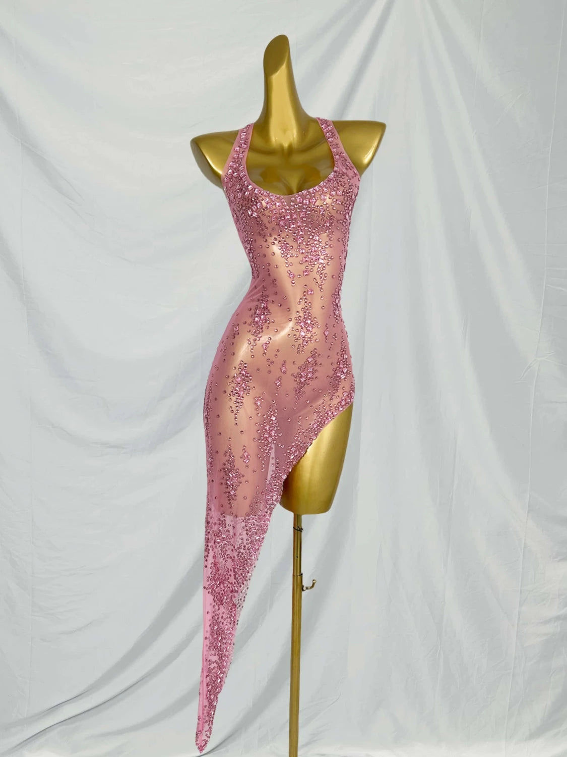 Nightclub Mini Dress Singer Stage Performance Wear Bar Party Asymmetrical Dress Sparkly Rhinestones Sleeveless Mesh Dress Xinghe