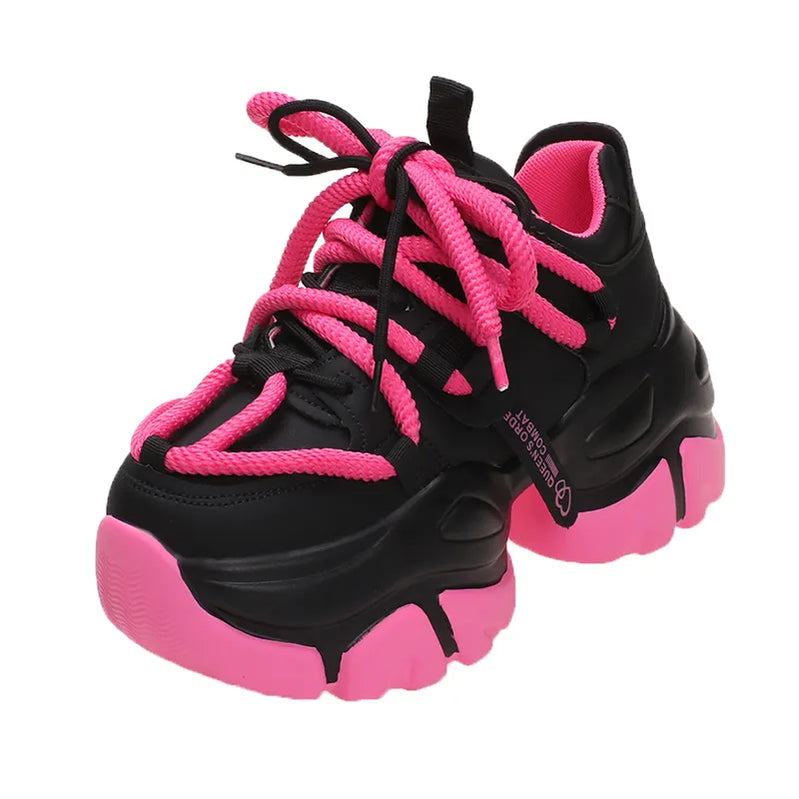 Women High Platform Sneakers 2023 New Autumn Breathable Chunky Dad Casual Shoes 7.5CM Thick Sole Trainers Leather Sneakers Woman Rosy Red