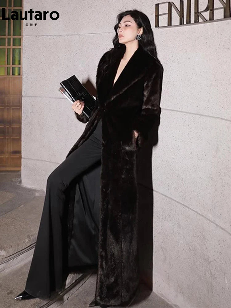 Autumn Winter Extra Long Thick Warm Faux Mink Fur Coat Women Shawl Collar Soft Maxi Elegant Fluffy Furry Overcoat 2023