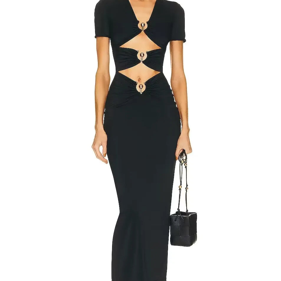 Metal Button Sexy Short Sleeve Hollow Out Tight Bandage 2023 Summer Women V Neck Celebrity Party Elegant Fashion Mid Dresses