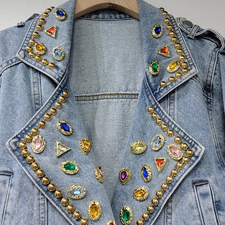 Women's Denim Coat Colored Embroidered Flares Rivet Long Sleeve Belt Waist Short Jackets Autumn New Fashion