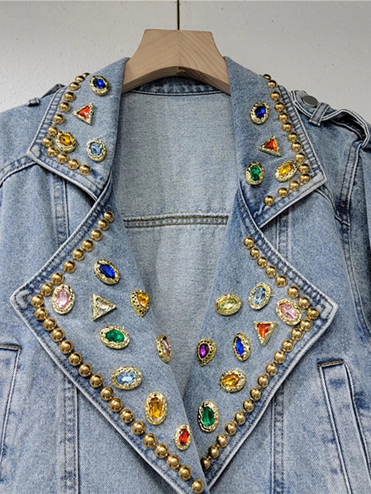 Women's Denim Coat Colored Embroidered Flares Rivet Long Sleeve Belt Waist Short Jackets Autumn New Fashion