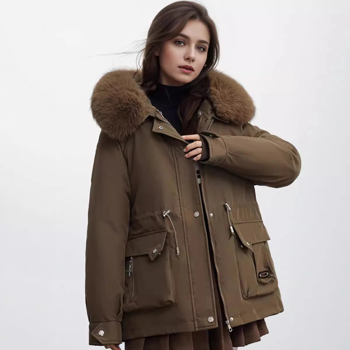 Winter Women's Jacket Fur Collar Thicken Warm Casual Cotton Jacket Female 2 Pocket Drawstring Waist Cinching Parka Jacket