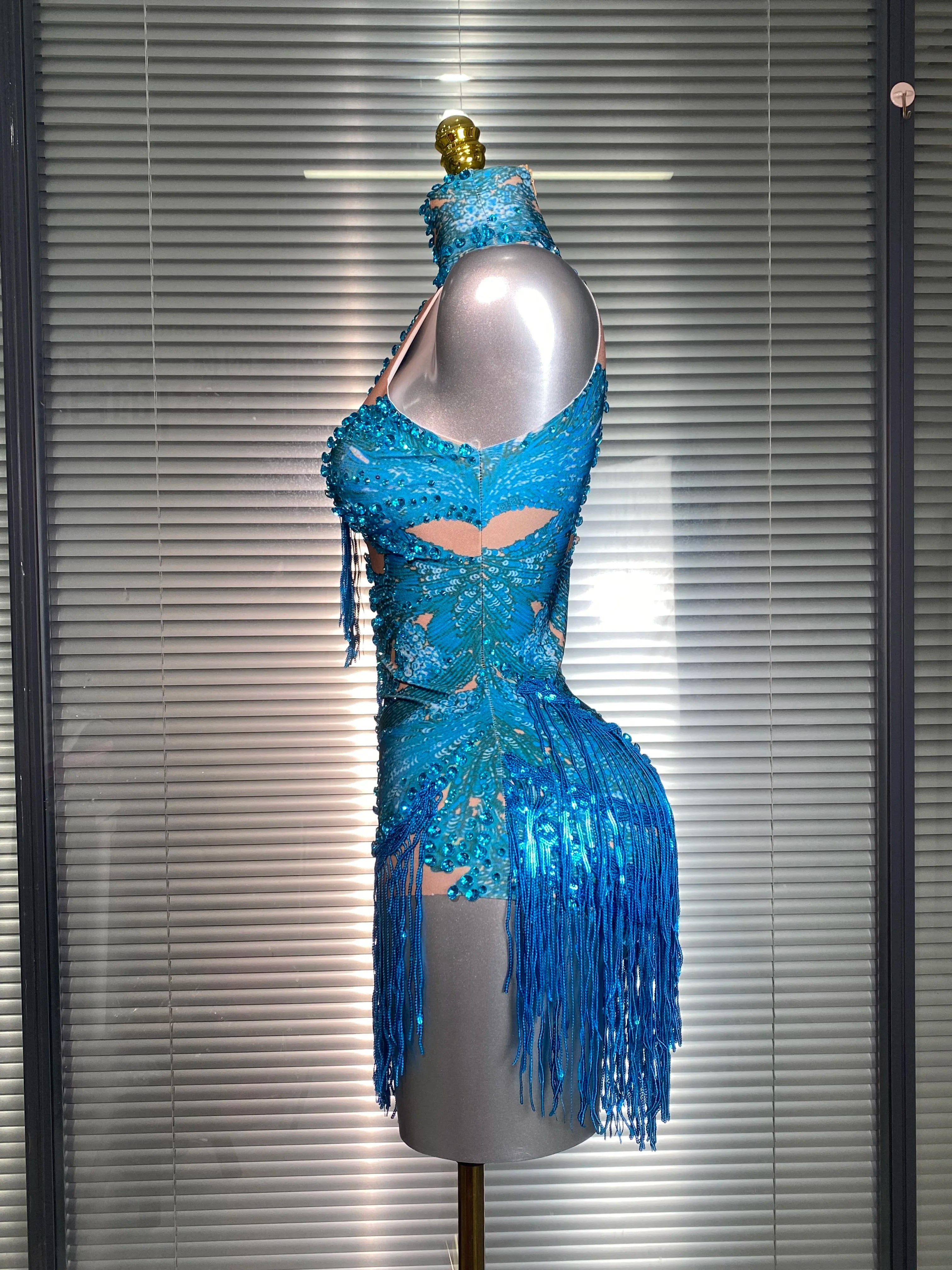 New Celebrity Women Sexy Purple Blue Stretchy Single Sleeve Night Club Singer Dancer Tassel Stage Costume Party Bodysuit