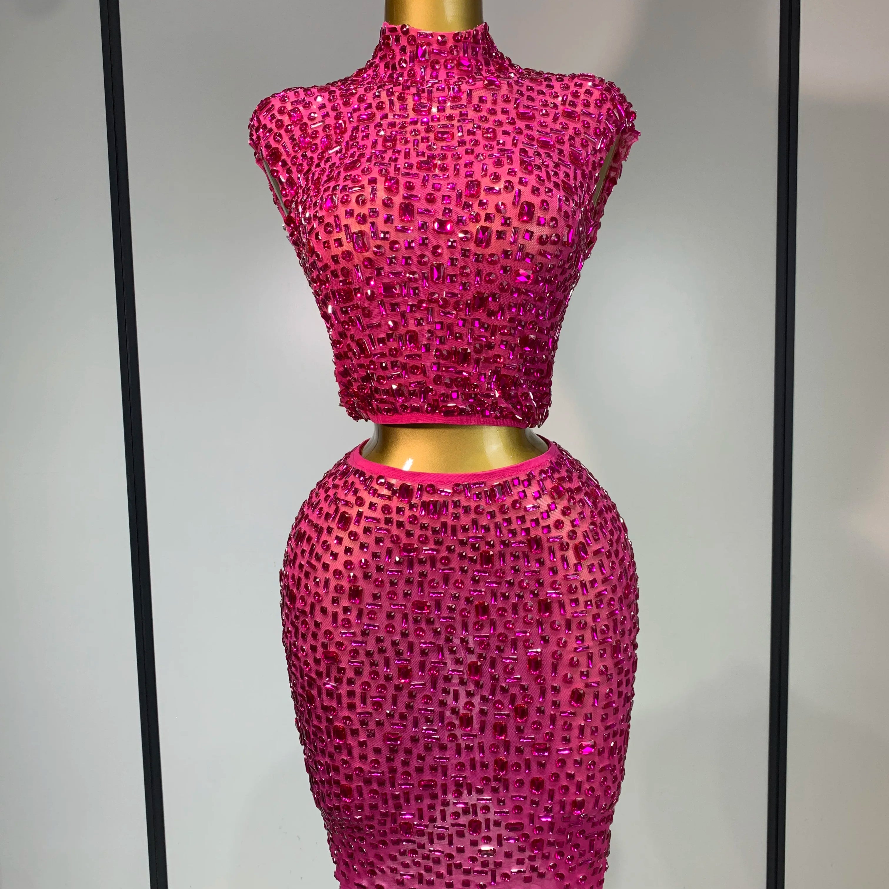 Sexy Sparkly Crystal Diamonds Mesh See Through Two Piece Set Women Elegant Evening Party Costume Singer Stage Performance Outfit