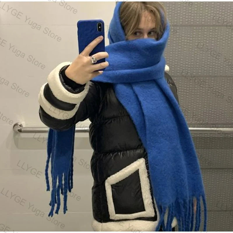 Winter Scarf Women Luxury Autumn Winter Cashmere Scarf Thickened Warm Shawl Classic Tassels Fluffy Scarf Solid Color Soft Shawl